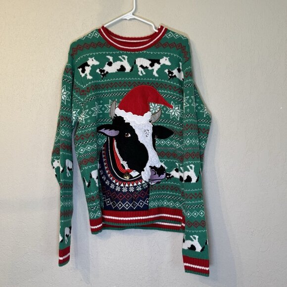 Blizzard Bay Ugly Sweater Christmas Size Adult Large 3-D  Cow Holiday Party - Picture 1 of 9